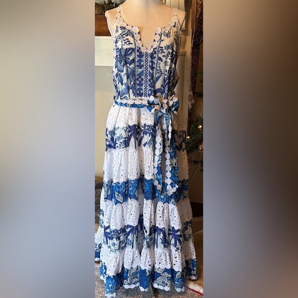 NWT Farm Rio Mixed Whites and Blue Prints Maxi Dress Floral White Eyelet Lace - Picture 2 of 8